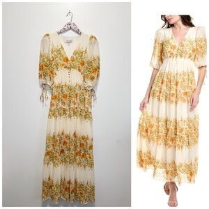 TAYLOR Yellow & White Floral Tiered Smocked Waist Tie Sleeve Midi Dress S Small